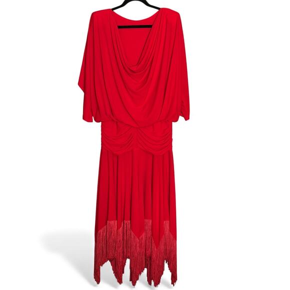 Vintage 80s Pat Richards Red Fringe Hem Cowl Back Ruched Waist Dress Size 10 USA - Picture 9 of 12